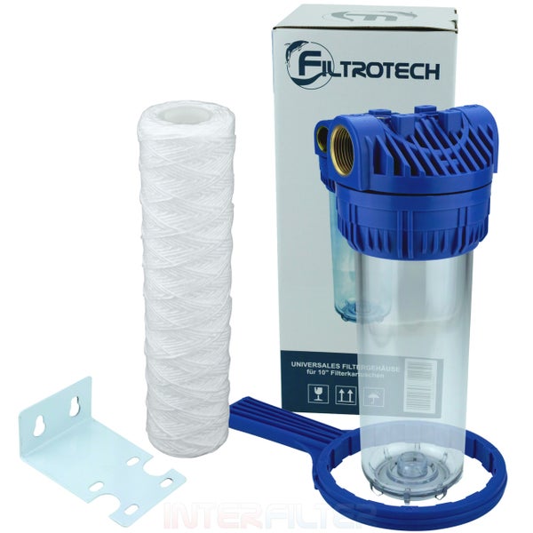 Filtrotech Wasserfiltergehäuse 10 Zoll mit Filterkartusche, Wandhalterung und Montageschlüssel.