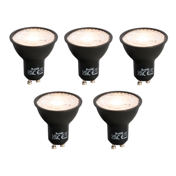 Fünf schwarze GU10 LED-Leuchtmittel mit warmweißem Licht, zertifiziert nach CE und RoHS Standards.