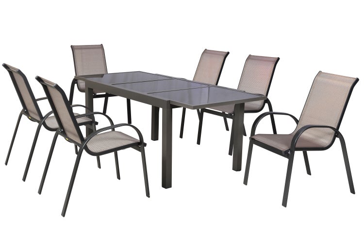 Gartentischgruppe mit sechs Stühlen und Tisch mit Glasplatte