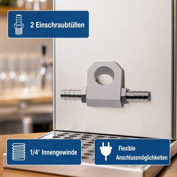 Bierausschankzubehör aus Metall mit zwei Einschraubtüllen und einem Viertel Zoll Innengewinde für flexible Anschlussmöglichkeiten.
