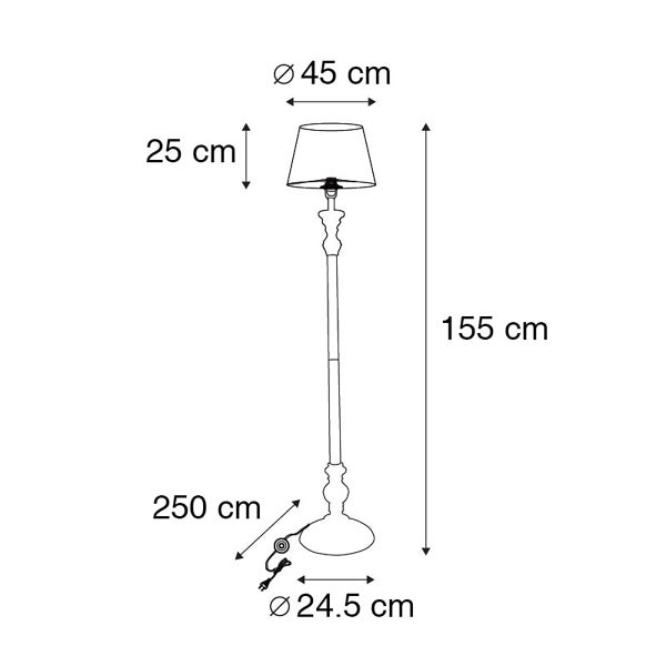 Maße der Stehlampe: Lampenschirmdurchmesser 45 cm, Lampenschirmhöhe 25 cm, Lampenhöhe 155 cm, Fußdurchmesser 24,5 cm, Kabellänge 250 cm