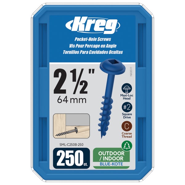 Kreg Logo, Pocket-Hole Schrauben 64 Millimeter, Edelstahl, Grobgewinde, Maxi-Loc-Kopf, Vierkantantrieb, 50 Stück, für Innen- und Außenbereich.