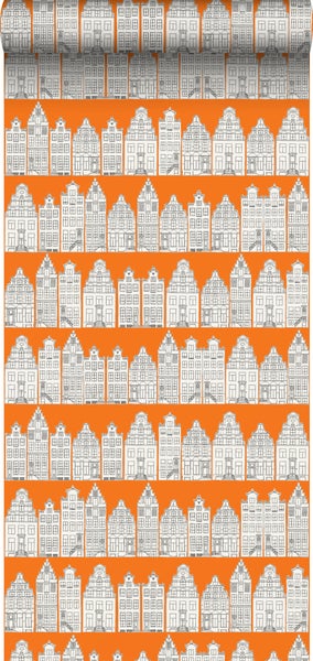ESTAhome Tapete Amsterdamer Grachtenhäuser Orange und Weiß - 53 cm x 10,05 m - 115874