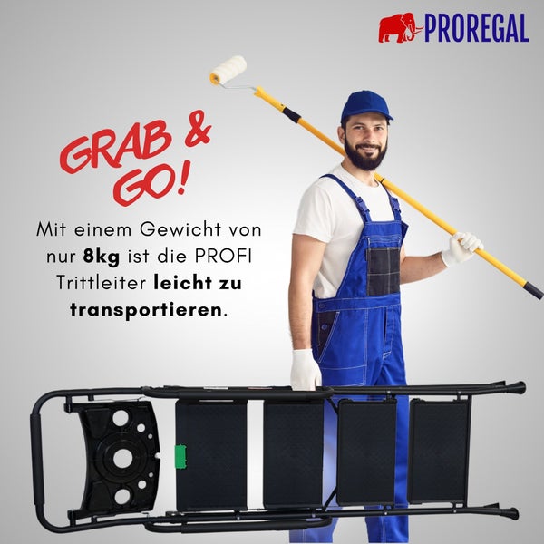 Ein Mann in Arbeitskleidung trägt eine zusammengeklappte schwarze Trittleiter mit 8 Kilogramm Gewicht und eine Farbwalze. PROREGAL Logo.