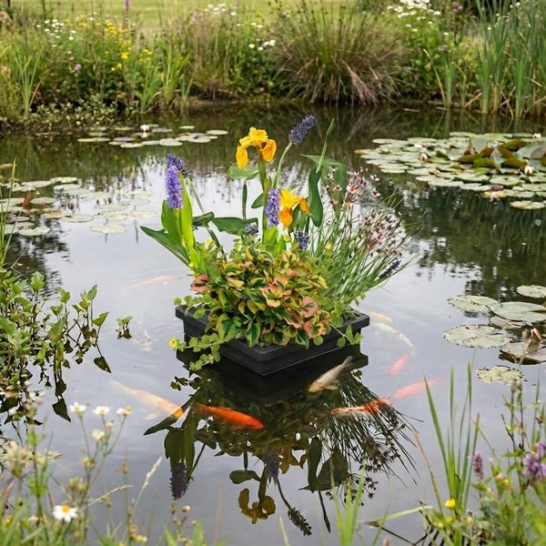 Quadratische Schwimminsel für den Teich, bepflanzt mit Schwertlilien und lila Blüten, umgeben von Fischen in einem klaren Gartenteich.