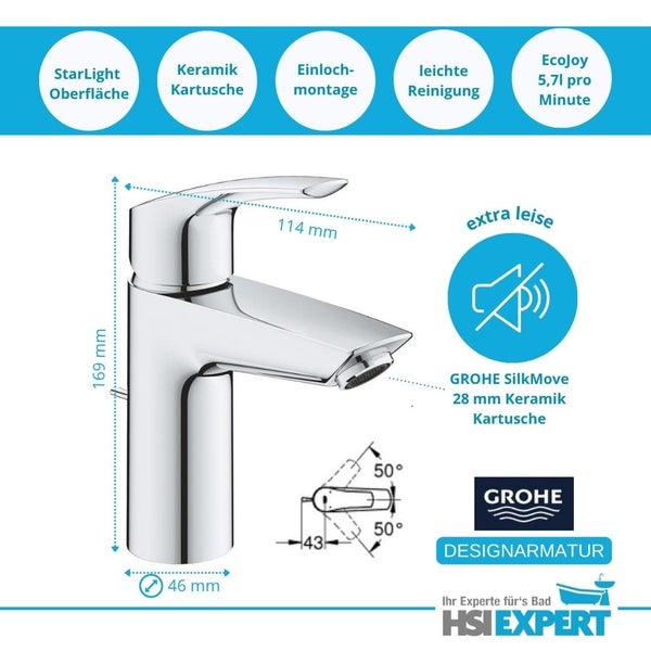 Grohe Waschtischarmatur mit Maßangaben und Hinweisen zu Eigenschaften wie Starlight Oberfläche, Keramik Kartusche und EcoJoy