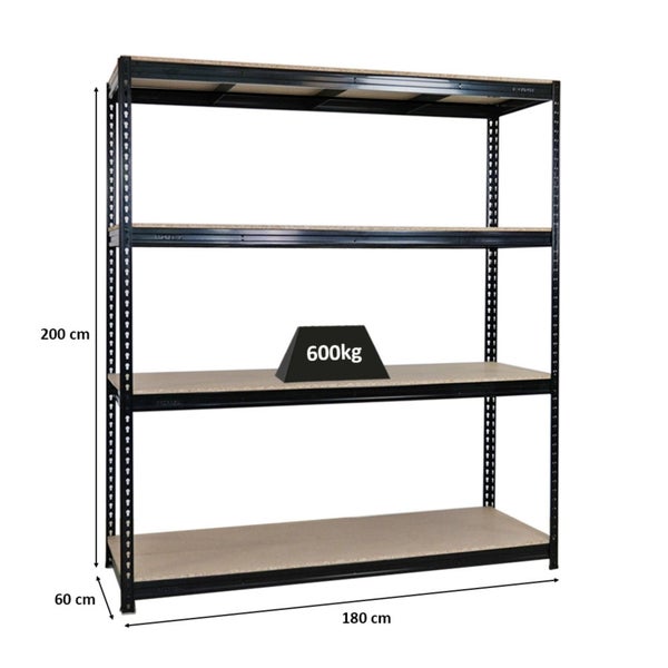 PROREGAL Profi Schwerlastregal Bison HxBxT 200 x 180 x 60 cm 4 Spanplatten-Ebenen 16mm Fachlast 600 kg Schwarz
