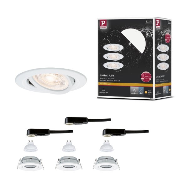 Paulmann Nova Plus LED-Einbaustrahler Set 3-flammig weiß, GU10, 4,9 Watt, 36 Grad, warmweiß, dimmbar, IP65-geschützt.
