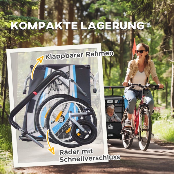 HOMCOM 2 in 1 Kinderanhänger klappbar Fahrradanhänger mit abnehmbarem Vorderrad, Hinterradbremsen, Kinderfahrradanhänger für 2 Kinder ab 18 Monate, bis 26,4 kg belastbar, Blau