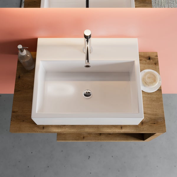 Badmöbel in Holzoptik Eiche 80cm mit Waschbecken und Ablage | Lagos