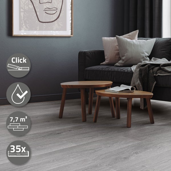 ML-Design Deluxe PVC Bodenbelag, Click Vinyl-Dielen, Vinylboden, 122 cm x 18 cm x 4,2 mm, Dicke 4,2mm, 7,7m²/35 Dielen, Windswell Hickory Eiche Holzoptik, Grau, modern, wasserfest, Belastungsklasse 34