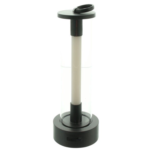 Moderne tragbare LED-Akkuleuchte mit schwarzem Sockel, transparentem Gehäuse, weißem Leuchtstab und Tragering.