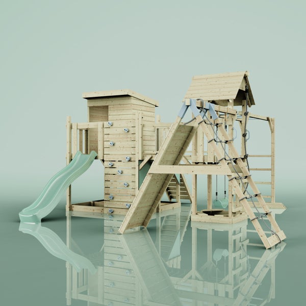 Holzspielhaus mit Rutsche, Kletterwand, Strickleiter und Schaukel