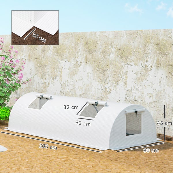 Outsunny Gewächshaus mit Rollfenster Runddach, winterfest Foliengewächshaus aus Stahl wasserabweisend Treibhaus für Balkon Tomatenhaus mit UV schutz 200x80x45cm Tomatengewächshaus für Gemüse, Weiß
