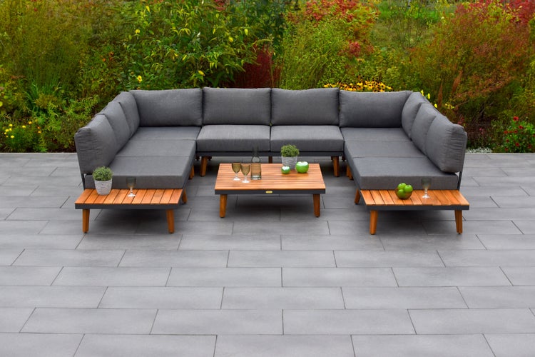 Akropolis Gartenloungeset, 2 Eckbänke mit seitlichen Ablageflächen, inkl. Sitz- und Rückenkissen, Tisch 90 x 90 cm