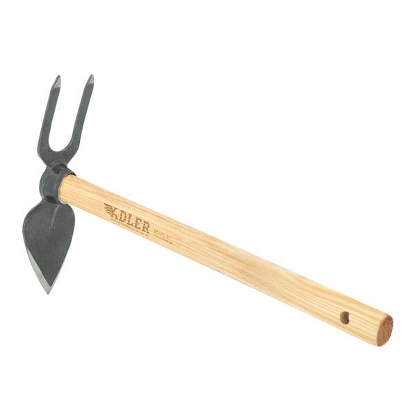 Adler Wiedehopfhacke mit zwei Zinken und Holzstiel für Gartenarbeiten