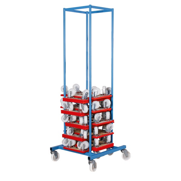 Blaues Transportgestell aus Metall auf Rollen mit mehreren gestapelten roten Möbelrollern.
