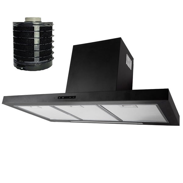 Schwarze Wand-Dunstabzugshaube mit drei Metallfettfiltern und rundem Aktivkohlefilter.