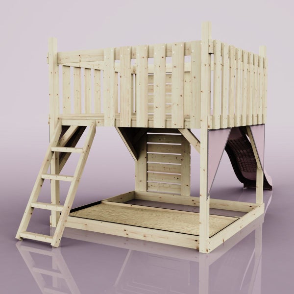 Spielturm aus Holz mit Leiter, Rutsche und Sandkasten