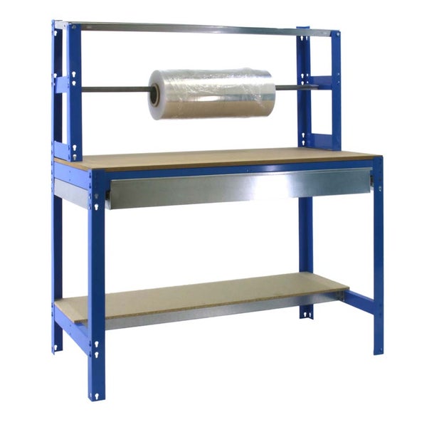 Packtisch mit Metallgestell, zwei Ablageflächen aus Holzwerkstoff, einer Schublade und einem Rollenhalter mit Folie.