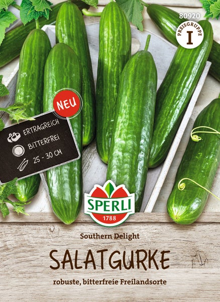 Saatgut für Salatgurke Southern Delight von Sperli mit Ertragreich und bitterfrei Eigenschaft für eine Länge von 25 bis 30 Zentimetern.
