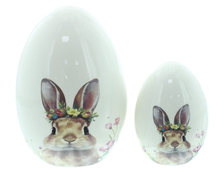 FRANK FLECHTWAREN|Osterei Häschen mit Blumenkranz, 2er Set, 7 x 7 x 10 cm, 11 x 11 x 15,5 cm, PORZELLAN