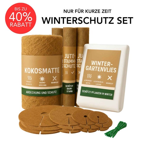 Winterschutz Set mit Kokosmatte, Juteschutz für Baumstämme, Wintervlies und Baumscheiben zum Schutz von Pflanzen im Winter.