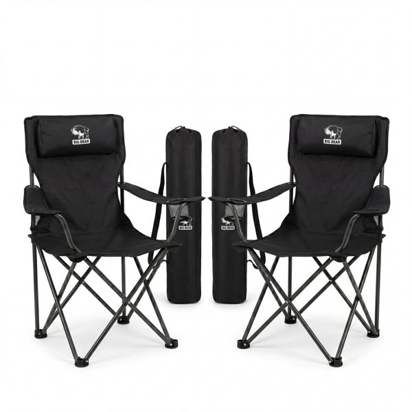Set aus zwei klappbaren Campingstühlen der Marke Big Bear mit integriertem Getränkehalter und passenden Transporttaschen.