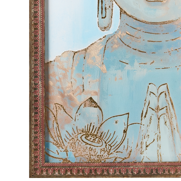 Wandbild im verzierten Rahmen mit Buddha-Motiv, Lotosblüte und betenden Händen, Kunstdruck auf Leinwand.