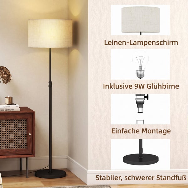 Moderne Stehleuchte mit Leinenschirm, 9 Watt Leuchtmittel, einfacher Montage und stabilem Standfuß neben einem Sideboard.