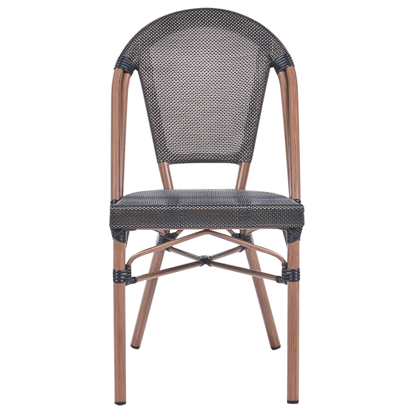 Bistrostuhl mit Metallgestell in Holzoptik und Sitzfläche sowie Rückenlehne aus Kunststoffgeflecht.
