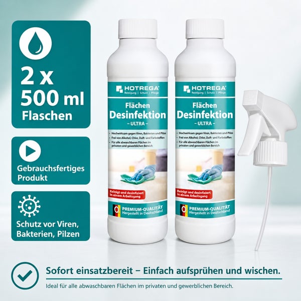 Zwei Flaschen Hotrega Flächen Desinfektion Ultra zu je 500 Milliliter mit Sprühaufsatz zur Reinigung und Desinfektion von Oberflächen.