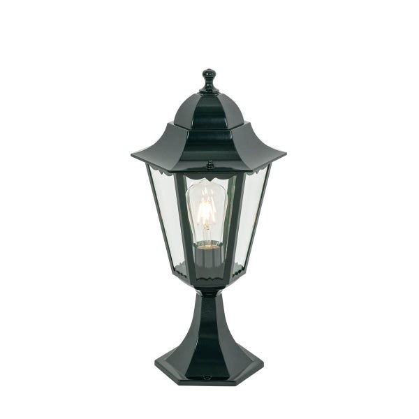 Klassische schwarze Sockelleuchte im Laternen-Stil aus Metall und Glas mit sichtbarem Leuchtmittel.