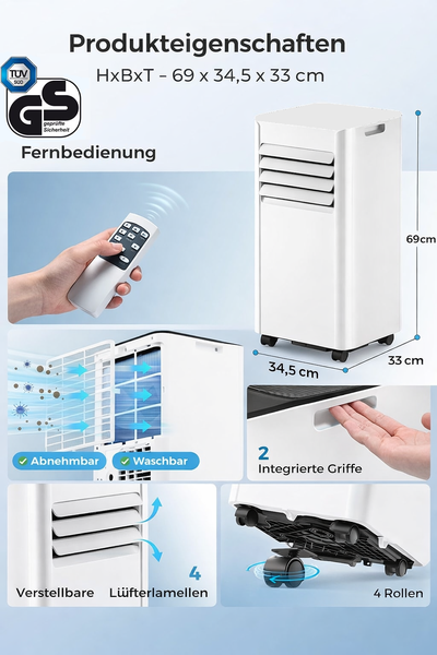 Mobiles Klimagerät mit TÜV SÜD Logo, Siegel für geprüfte Sicherheit, Fernbedienung, Filter, Griffen und Rollen. 69 mal 34,5 mal 33 Zentimeter.