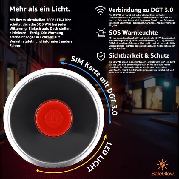 SafeGlow SOS V16 Notfallwarnleuchte mit 360 Grad LED Licht und SIM Karte