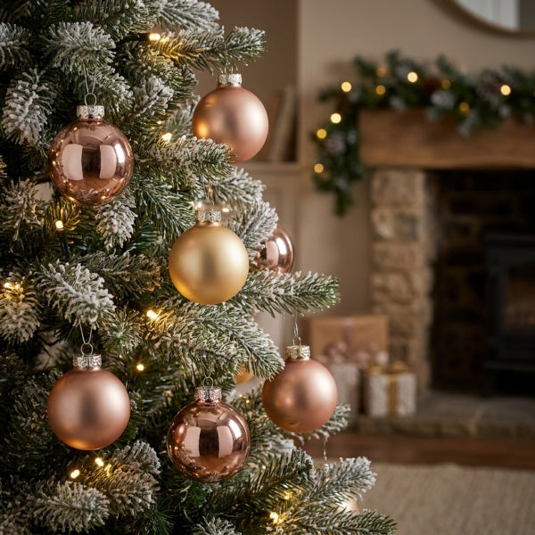 Geschmückter künstlicher Weihnachtsbaum mit beschneiten Zweigen, Lichterkette und glänzenden sowie matten Weihnachtskugeln im Wohnzimmer.