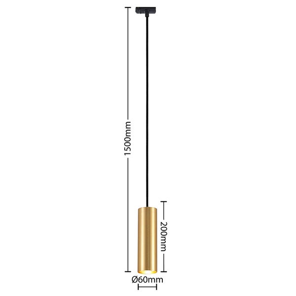 Zylindrische Pendelleuchte mit Maßen: Gesamtlänge 1500 Millimeter, Schirmhöhe 200 Millimeter und Durchmesser 60 Millimeter.
