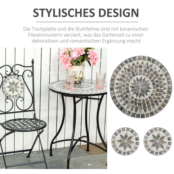 Gartenmöbel Set bestehend aus einem runden Tisch und einem Stuhl aus Metall mit keramischen Mosaikmustern im Sterndesign auf Tischplatte und Lehne.