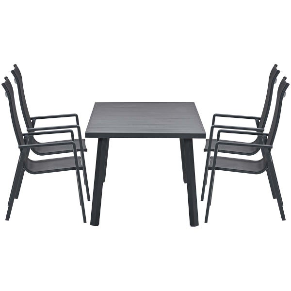 Gartenmöbel-Set bestehend aus einem rechteckigen Tisch und vier Stühlen mit Armlehnen aus Metall in Anthrazit.