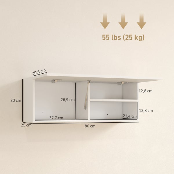Weißes Wandregal für das Badezimmer mit einem großen Fach und zwei kleineren Fächern, dekoriert mit Badutensilien und Handtüchern.