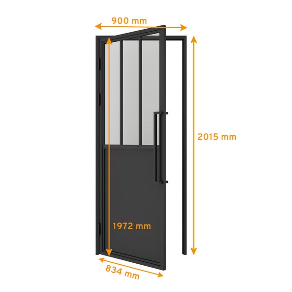Loft Glastür 834x1972mm Klarglas DIN Links Komplettset 6 Felder Kickplatte mit Beschlag Griffstange und Zarge