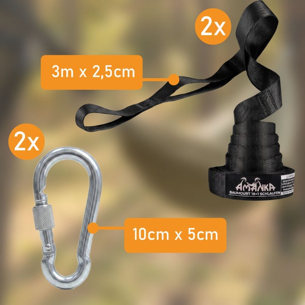 Set aus zwei Baumgurten (3 Meter mal 2,5 Zentimeter) mit 18 plus 1 Schlaufen und zwei Schraubkarabinern (10 Zentimeter mal 5 Zentimeter).
