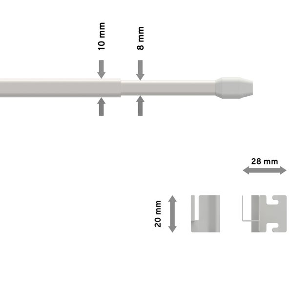 Ausziehbare Vitragestange mit Halterungen, Durchmesser 10 und 8 Millimeter, Halterungshöhe 20 Millimeter und Breite 28 Millimeter.