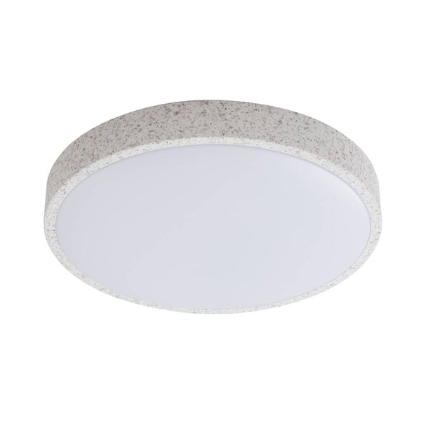 Runde LED-Deckenleuchte mit Rahmen in Steinoptik.