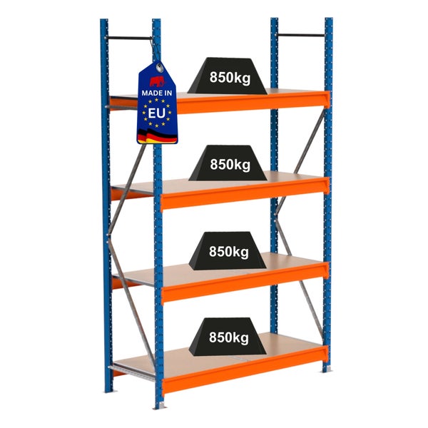 Schwerlastregal mit vier Ebenen und einer Traglast von 850 Kilogramm pro Ebene. Das Regal hat ein Made in EU Siegel.