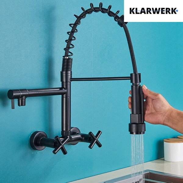 Björn | Gastronomie Wandmontage Armatur Schwarz matt | Profi Küchenarmatur Edelstahl Zwei Brausen | Doppelspülbecken Wasserhahn Restaurant Wand