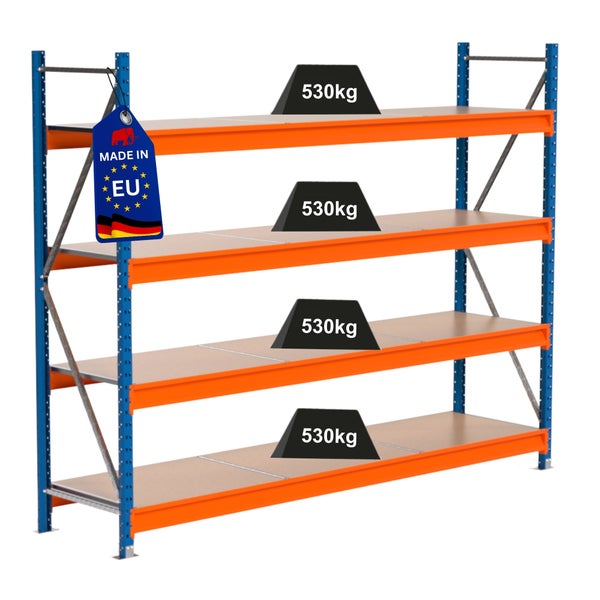 Metallregal mit vier Ebenen und einer Traglast von 530 Kilogramm pro Ebene
