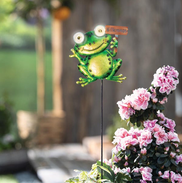 Gartenstecker Frosch aus Metall mit Solar-Augen und Willkommen-Schild in einem Blumenkasten mit rosa Azaleen.