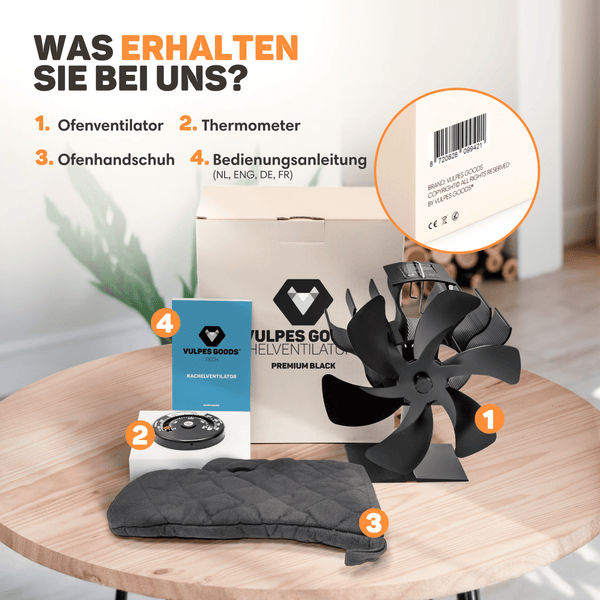 Vulpes Goods Kaminventilator - Leiser Kamin Ventilator -  Ofenventilator ohne strom mit Thermometer - 6 Blätter - Schwarz