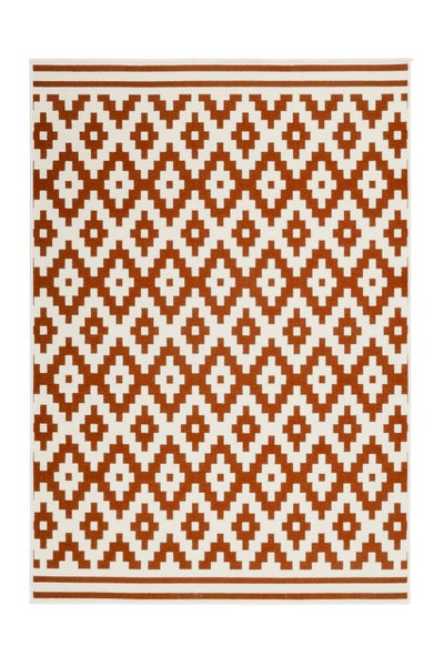 Rechteckiger Webteppich mit geometrischem Rautenmuster und Bordüre an den kurzen Seiten.